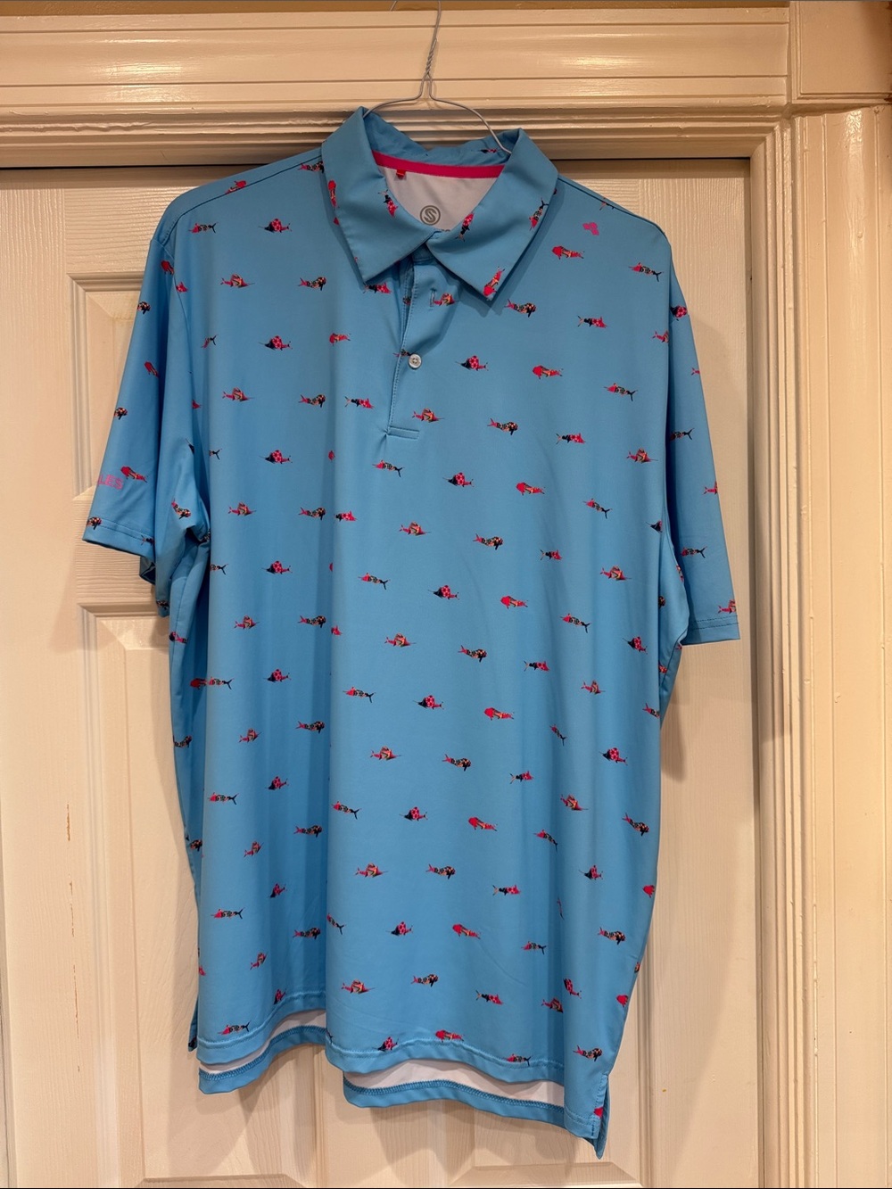 Men's Light Blue Polo with Pink Fish Print